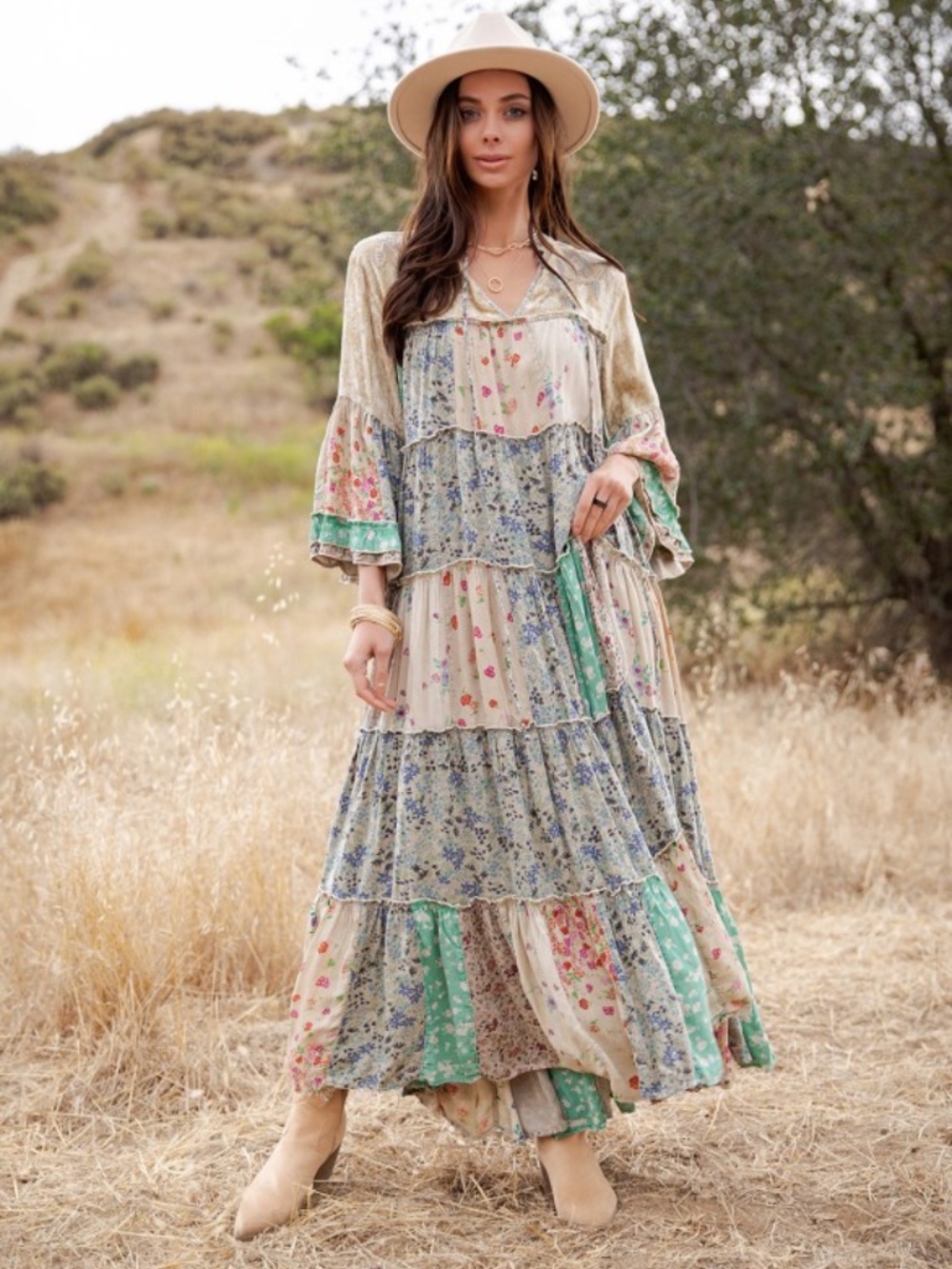 Young Threads Patchwork 3/4 Sleeve Velvet Dress